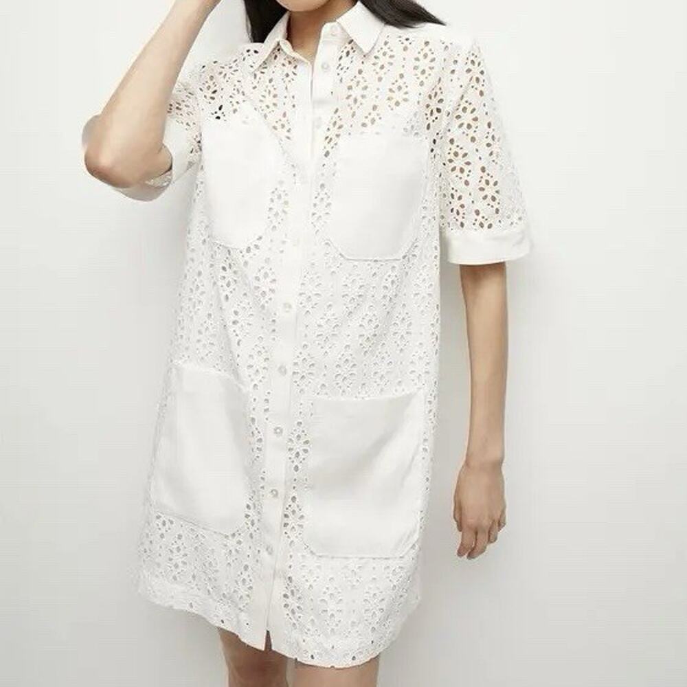 Veronica Beard Rafaela Cotton Eyelet Shirt Dress Womens Size 2 White No Slip